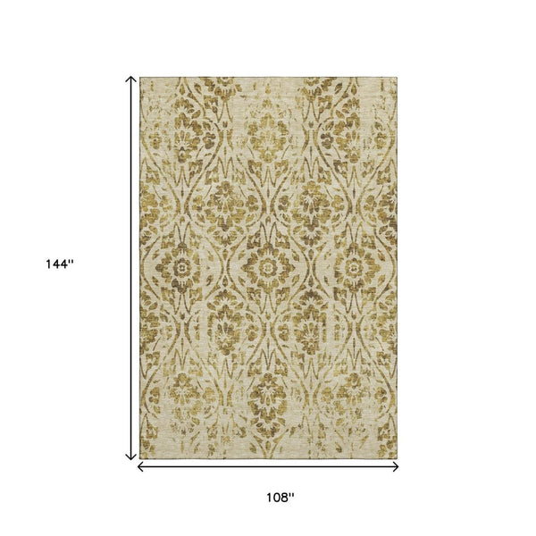 HomeRoots 9' X 12' Gold And Beige Floral Area Rug - Washable, UV Protected, Stylish & Durable for Busy Homes 669047