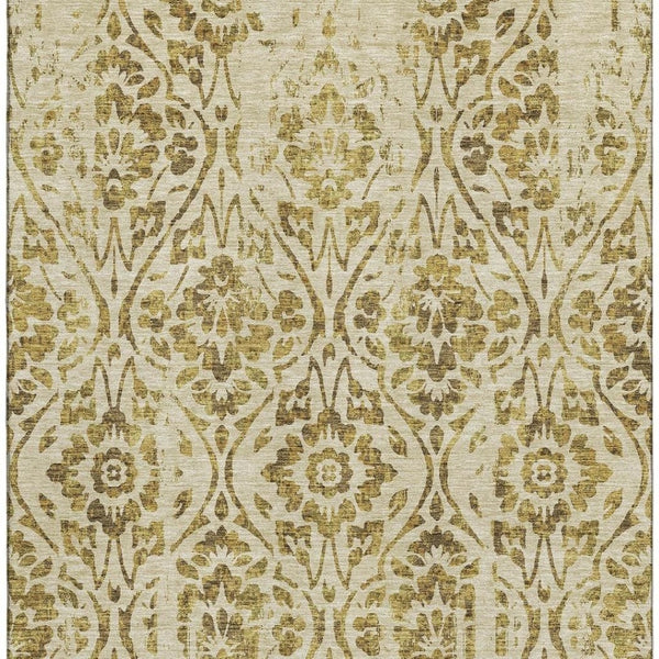 HomeRoots 9' X 12' Gold And Beige Floral Area Rug - Washable, UV Protected, Stylish & Durable for Busy Homes 669047