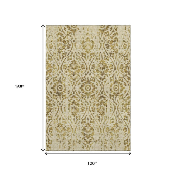 HomeRoots 10' X 14' Gold And Beige Floral Area Rug with UV Protection - Washable, Stain-Resistant Luxury for Homes 669048