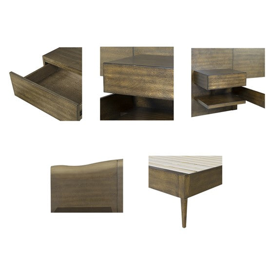 English Elm Platform Queen Bed with Live-Edge Headboard, Built-In Nightstands & Drawers, Dark Coffee Finish 600lb Capacity B035S00059
