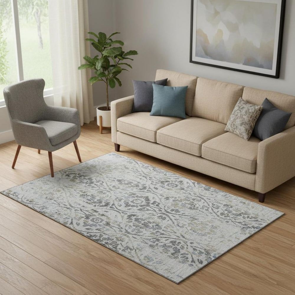 HomeRoots 5' X 8' Gray And Blue Floral Washable Area Rug with UV Protection - Durable, Stain-Resistant Elegance 669050