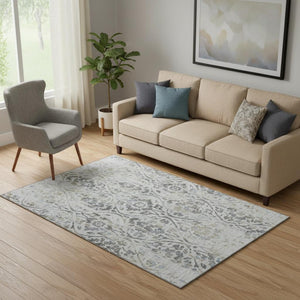 HomeRoots 5' X 8' Gray And Blue Floral Washable Area Rug with UV Protection - Durable, Stain-Resistant Elegance 669050