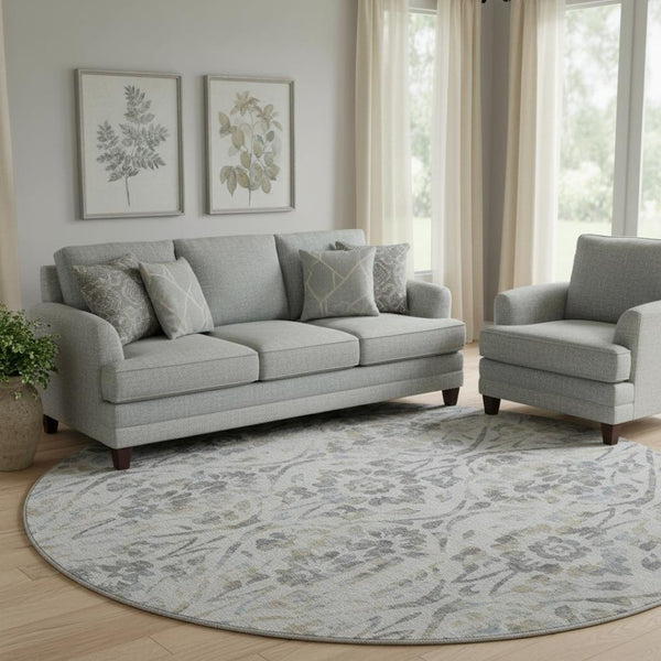 HomeRoots 8' Gray and Blue Floral Washable Round Rug | Durable, UV-Protected, Perfect for High-Traffic Areas 669051