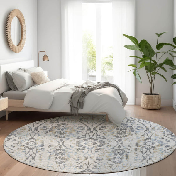 HomeRoots 8' Gray and Blue Floral Washable Round Rug | Durable, UV-Protected, Perfect for High-Traffic Areas 669051