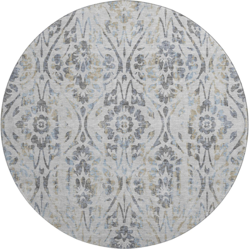 HomeRoots 8' Gray and Blue Floral Washable Round Rug | Durable, UV-Protected, Perfect for High-Traffic Areas 669051