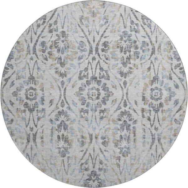 HomeRoots 8' Gray and Blue Floral Washable Round Rug | Durable, UV-Protected, Perfect for High-Traffic Areas 669051