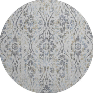 HomeRoots 8' Gray and Blue Floral Washable Round Rug | Durable, UV-Protected, Perfect for High-Traffic Areas 669051