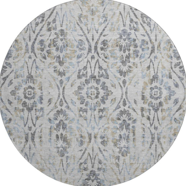 HomeRoots 8' Gray and Blue Floral Washable Round Rug | Durable, UV-Protected, Perfect for High-Traffic Areas 669051