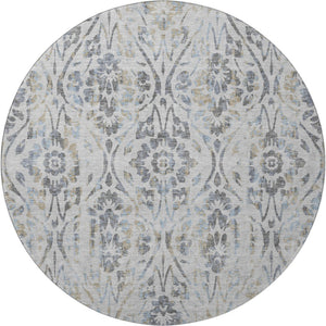 HomeRoots 8' Gray and Blue Floral Washable Round Rug | Durable, UV-Protected, Perfect for High-Traffic Areas 669051
