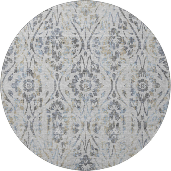 HomeRoots 8' Gray and Blue Floral Washable Round Rug | Durable, UV-Protected, Perfect for High-Traffic Areas 669051