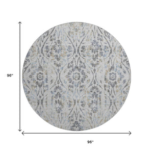 HomeRoots 8' Gray and Blue Floral Washable Round Rug | Durable, UV-Protected, Perfect for High-Traffic Areas 669051