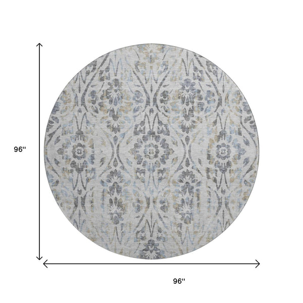 HomeRoots 8' Gray and Blue Floral Washable Round Rug | Durable, UV-Protected, Perfect for High-Traffic Areas 669051