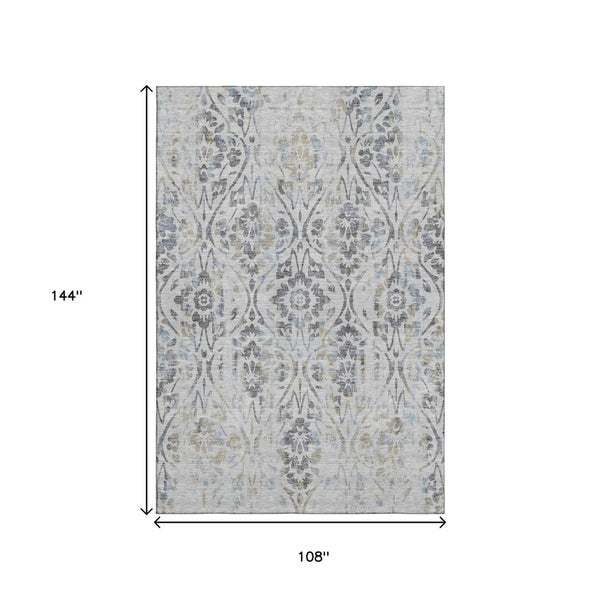 HomeRoots 9' X 12' Gray and Blue Floral Area Rug - Washable, UV-Protected, Stylish, and Durable Floor Covering 669053