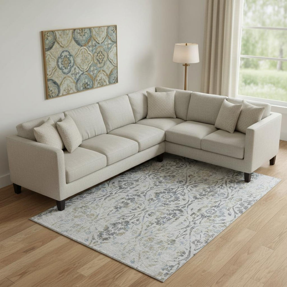 HomeRoots 9' X 12' Gray and Blue Floral Area Rug - Washable, UV-Protected, Stylish, and Durable Floor Covering 669053