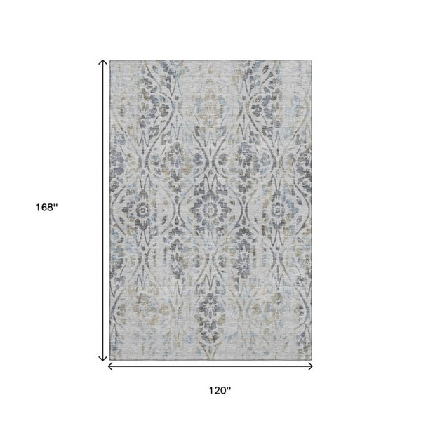 HomeRoots 10' Gray and Blue Floral Washable Area Rug - UV Protected, Durable, Easy-Care Design for Large Spaces 669054