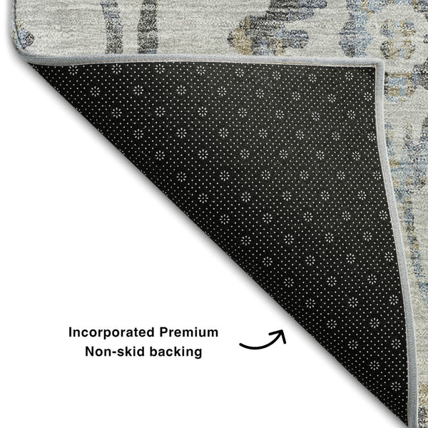 HomeRoots 10' Gray and Blue Floral Washable Area Rug - UV Protected, Durable, Easy-Care Design for Large Spaces 669054