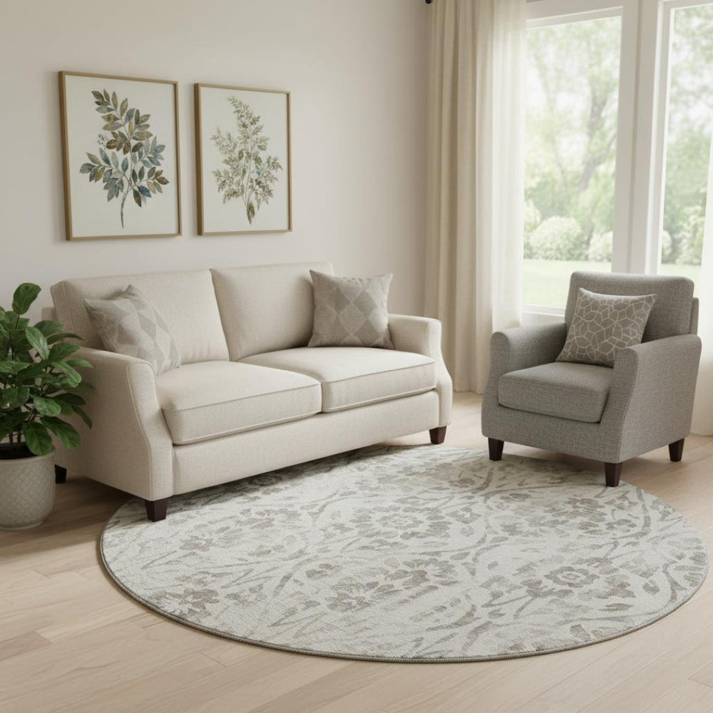 HomeRoots 8' Ivory and Beige Floral Round Rug – Washable, UV Protected, Perfect for Family Spaces & Décor 669057