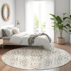 HomeRoots 8' Ivory and Beige Floral Round Rug – Washable, UV Protected, Perfect for Family Spaces & Décor 669057