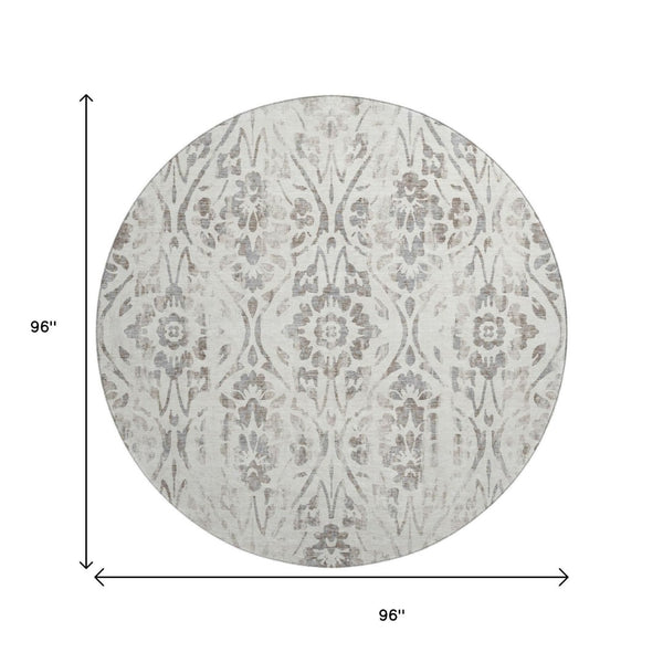 HomeRoots 8' Ivory and Beige Floral Round Rug – Washable, UV Protected, Perfect for Family Spaces & Décor 669057