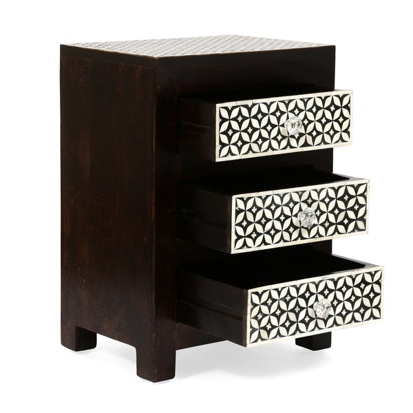 English Elm Christopher Knight Home® - WOODEN Mango Wood 3-Drawer Bone Inlay Nightstand in Black-Dark Walnut — Handcrafted Boho Accent Table 69348.00DWALBLK