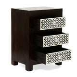 Christopher Knight Home® - Noble House - Benewah Handcrafted Boho 3 Drawer Mango Wood Nightstand, Dark Walnut, Black, and White