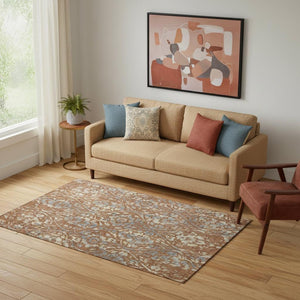 HomeRoots 5' X 8' Floral Area Rug in Rust and Gray - Washable, UV-Protected, Stain-Resistant, Durable Design 669062