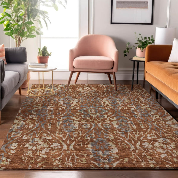 HomeRoots 5' X 8' Floral Area Rug in Rust and Gray - Washable, UV-Protected, Stain-Resistant, Durable Design 669062