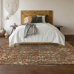 HomeRoots 5' X 8' Floral Area Rug in Rust and Gray - Washable, UV-Protected, Stain-Resistant, Durable Design 669062