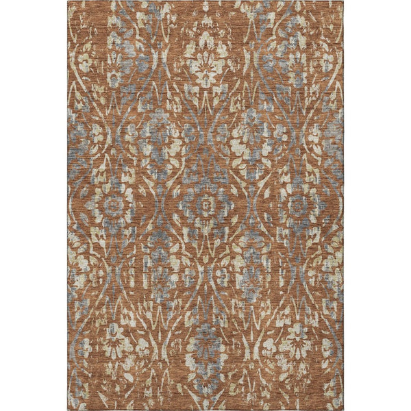 HomeRoots 5' X 8' Floral Area Rug in Rust and Gray - Washable, UV-Protected, Stain-Resistant, Durable Design 669062