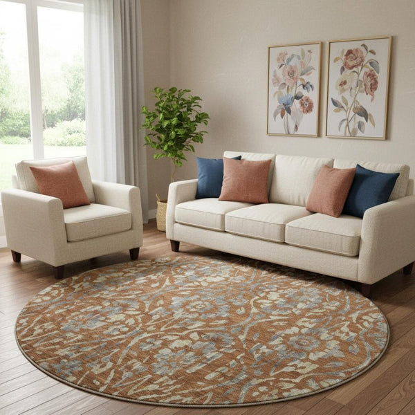 HomeRoots 8' Washable Round Rug in Rust and Gray Floral Design - UV Protected, Durable, and Easy Care Solution 669063