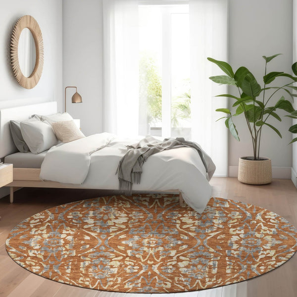 HomeRoots 8' Washable Round Rug in Rust and Gray Floral Design - UV Protected, Durable, and Easy Care Solution 669063