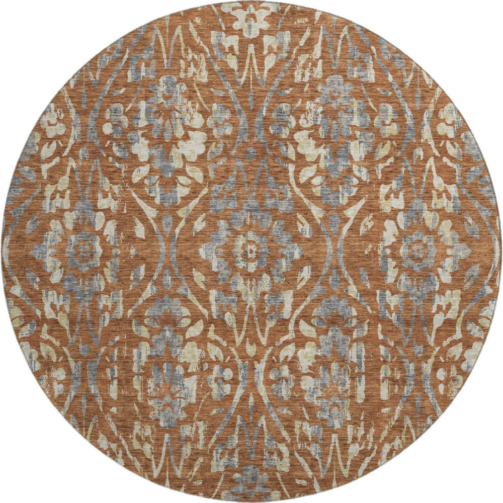 HomeRoots 8' Washable Round Rug in Rust and Gray Floral Design - UV Protected, Durable, and Easy Care Solution 669063