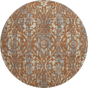 HomeRoots 8' Washable Round Rug in Rust and Gray Floral Design - UV Protected, Durable, and Easy Care Solution 669063