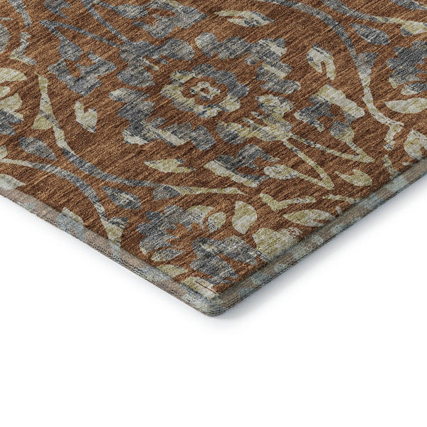 HomeRoots 8' Washable Round Rug in Rust and Gray Floral Design - UV Protected, Durable, and Easy Care Solution 669063