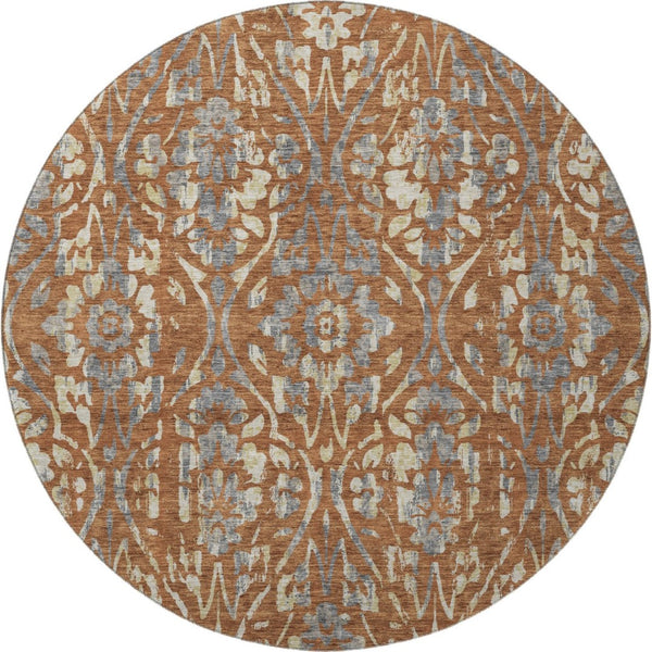 HomeRoots 8' Washable Round Rug in Rust and Gray Floral Design - UV Protected, Durable, and Easy Care Solution 669063
