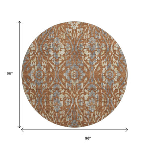 HomeRoots 8' Washable Round Rug in Rust and Gray Floral Design - UV Protected, Durable, and Easy Care Solution 669063