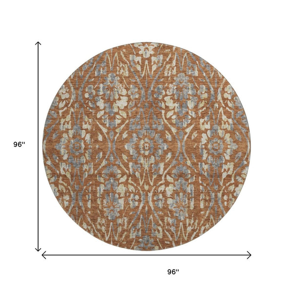 HomeRoots 8' Washable Round Rug in Rust and Gray Floral Design - UV Protected, Durable, and Easy Care Solution 669063
