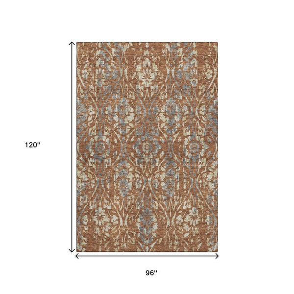 HomeRoots 8' X 10' Washable Floral Area Rug in Rust & Gray - Stain Resistant, UV Protected, Ideal for Families 669064