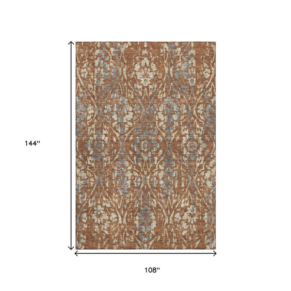 HomeRoots 9' X 12' Durable Rust and Gray Floral Area Rug - Stylish, Washable, UV-Protected for Homes with Kids! 669065