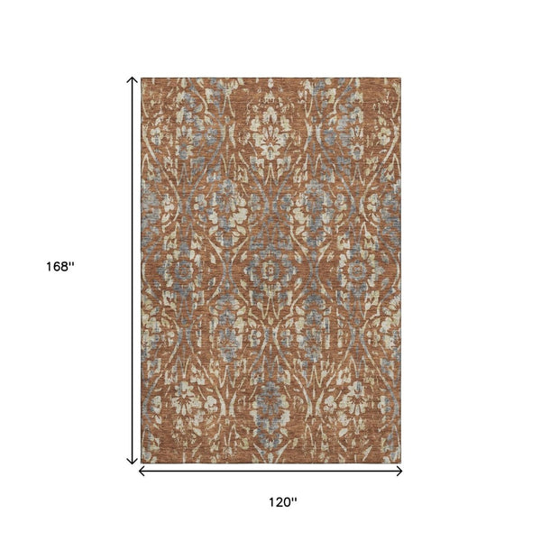 HomeRoots 10' X 14' Washable Rust and Gray Floral Area Rug with UV Protection for Busy Households & Style 669066