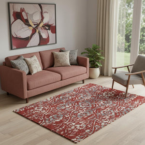 HomeRoots 5' X 8' Red and Gray Floral Area Rug - Washable, UV Protected, Durable Design for High-Traffic Spaces 669068
