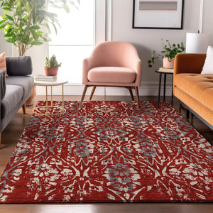 HomeRoots 5' X 8' Red and Gray Floral Area Rug - Washable, UV Protected, Durable Design for High-Traffic Spaces 669068