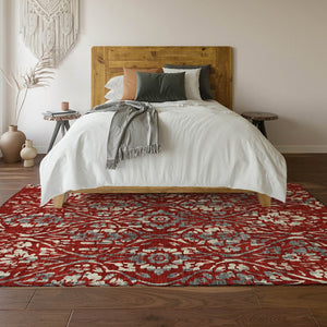 HomeRoots 5' X 8' Red and Gray Floral Area Rug - Washable, UV Protected, Durable Design for High-Traffic Spaces 669068