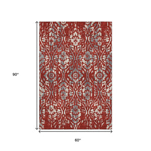 HomeRoots 5' X 8' Red and Gray Floral Area Rug - Washable, UV Protected, Durable Design for High-Traffic Spaces 669068