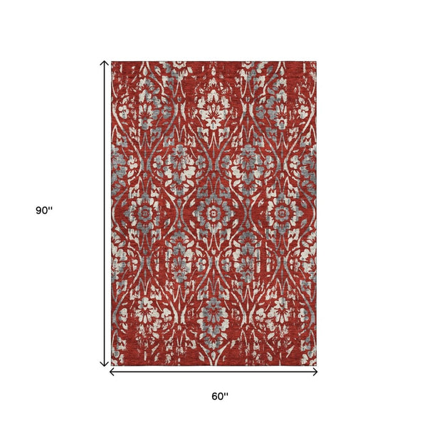 HomeRoots 5' X 8' Red and Gray Floral Area Rug - Washable, UV Protected, Durable Design for High-Traffic Spaces 669068