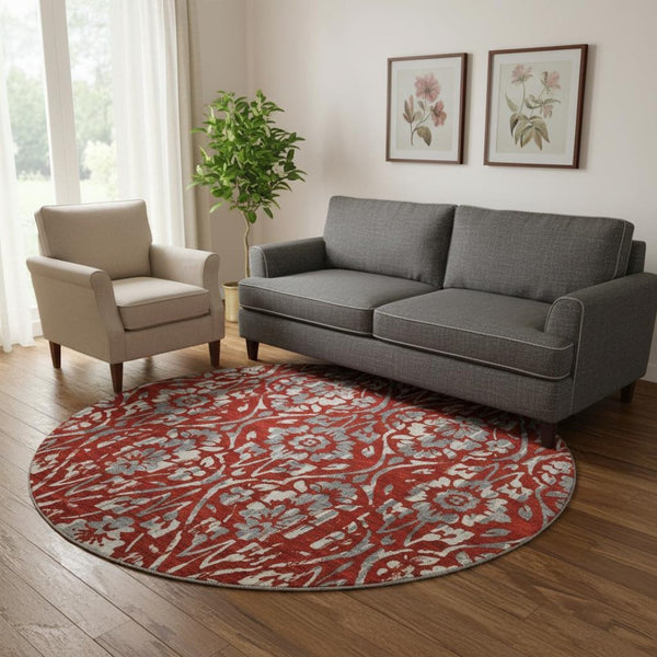 HomeRoots 8' Red and Gray Floral Washable Round Rug - Durable, UV-Protected, and Easy-Care for Busy Homes 669069