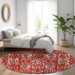HomeRoots 8' Red and Gray Floral Washable Round Rug - Durable, UV-Protected, and Easy-Care for Busy Homes 669069