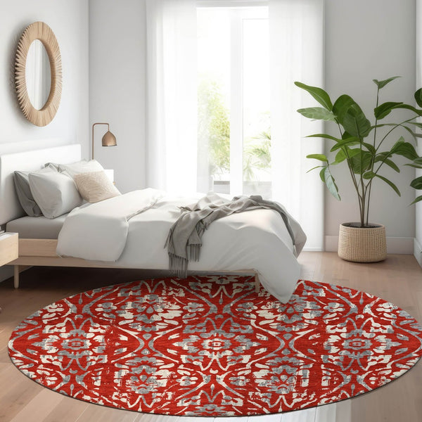 HomeRoots 8' Red and Gray Floral Washable Round Rug - Durable, UV-Protected, and Easy-Care for Busy Homes 669069