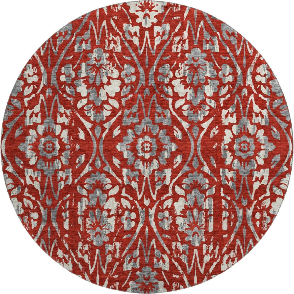 HomeRoots 8' Red and Gray Floral Washable Round Rug - Durable, UV-Protected, and Easy-Care for Busy Homes 669069