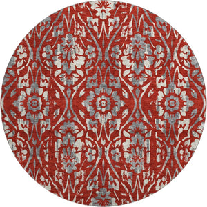 HomeRoots 8' Red and Gray Floral Washable Round Rug - Durable, UV-Protected, and Easy-Care for Busy Homes 669069
